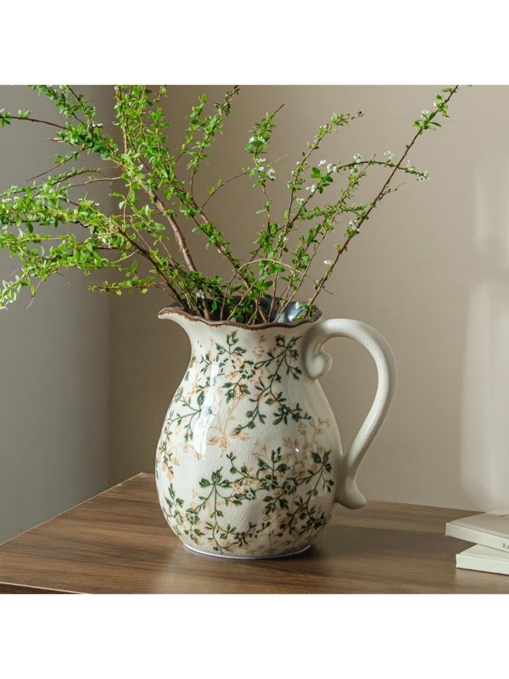 Vintage Green Ceramic Flower Vase, 8-Inch Home Decor Pitcher for Floral